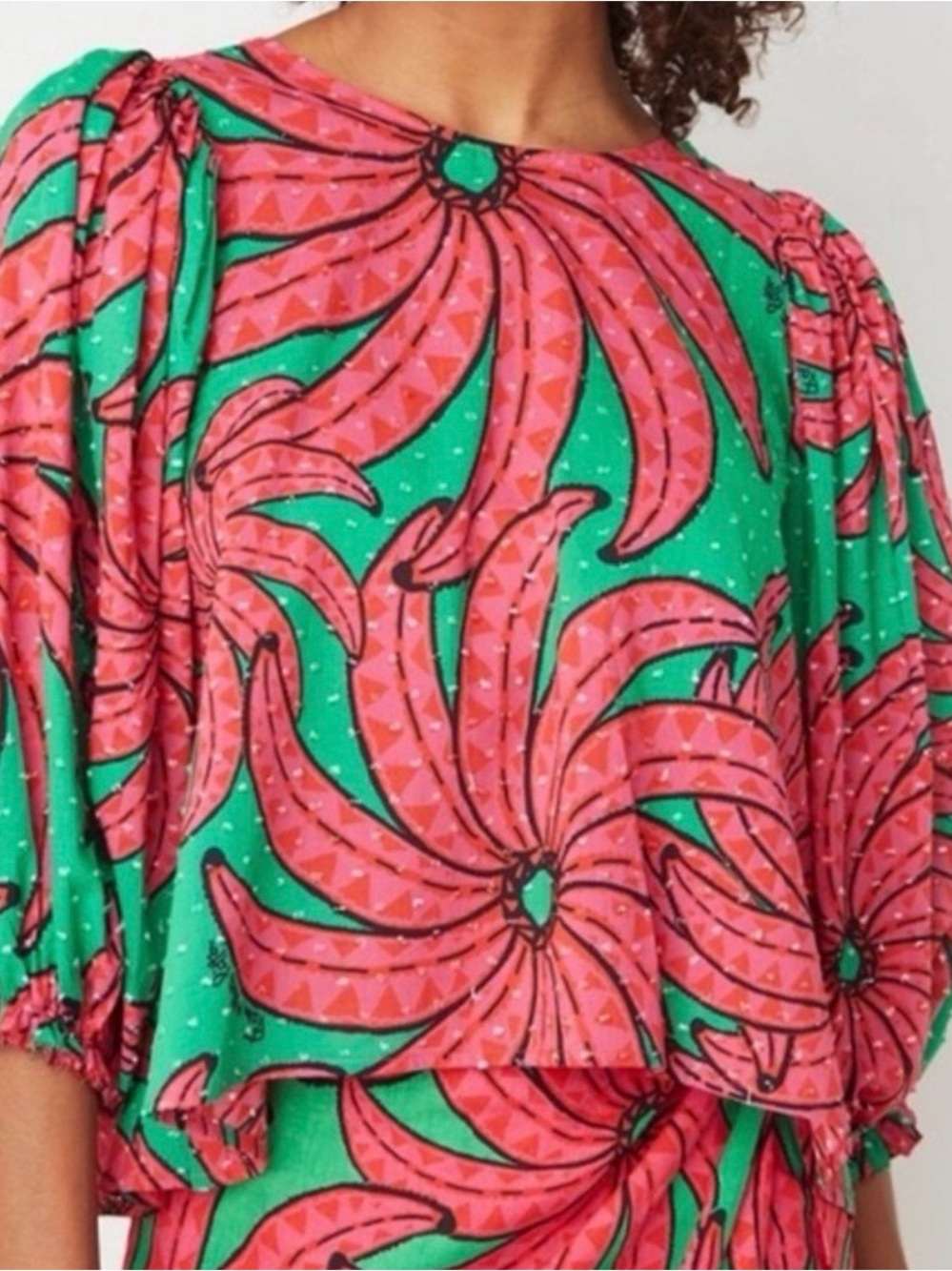 FARM Rio Banana Pitta Pink Green Floral Puff Sleeve Blouse Size Small